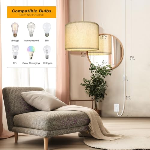 Plug in Pendant Light,15 FT Hanging Lamp with Plug in Cord, Dimmable Switch, Pendant Lighting with Fabric Shade, Hanging Light Fixture for Living Room, Bedroom, Dining Room, Kitchen