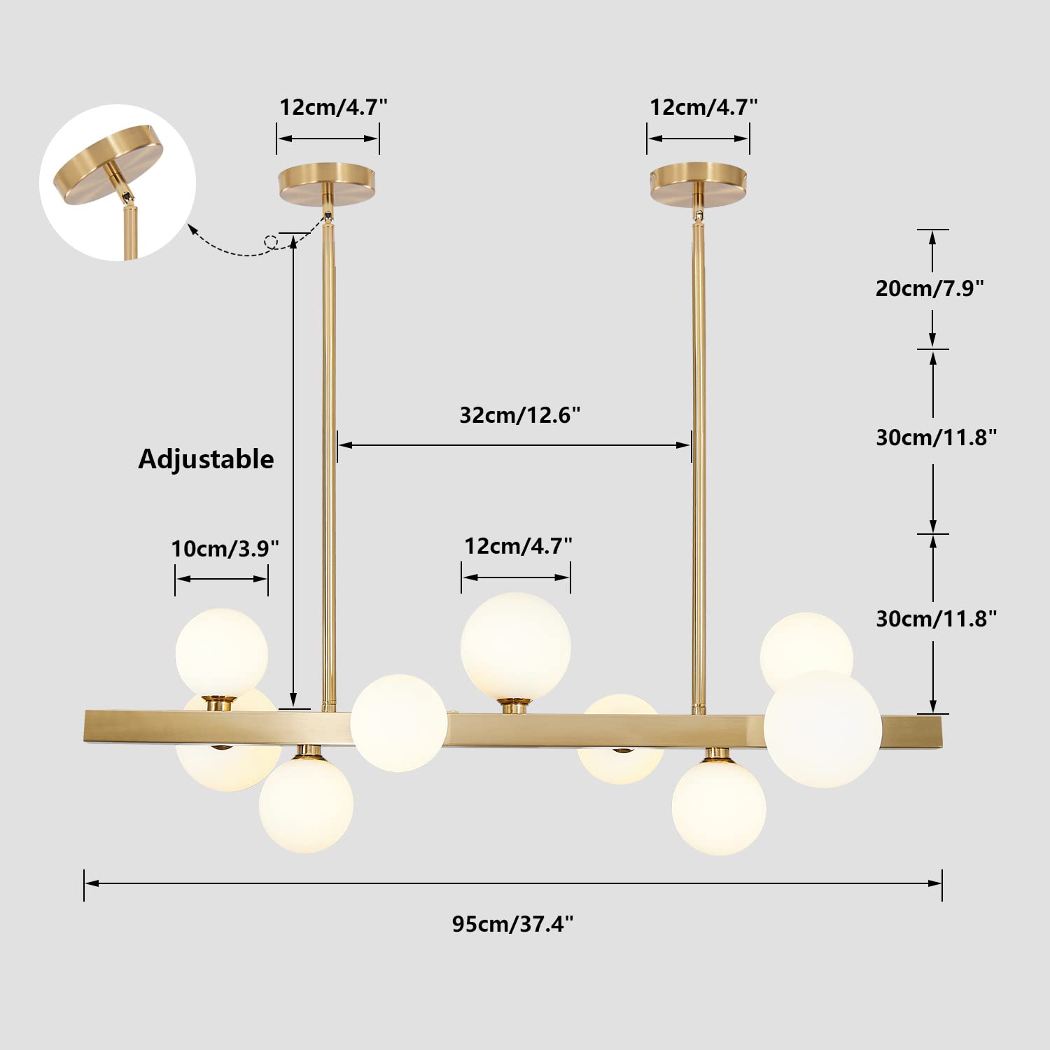 BOKT Modern Gold Chandelier 7-Lights Frosted Glass Globe Pendant Light Kitchen Island Linear Hanging Lighting Fixtures for Living Room Bedroom Dining Room Corridor