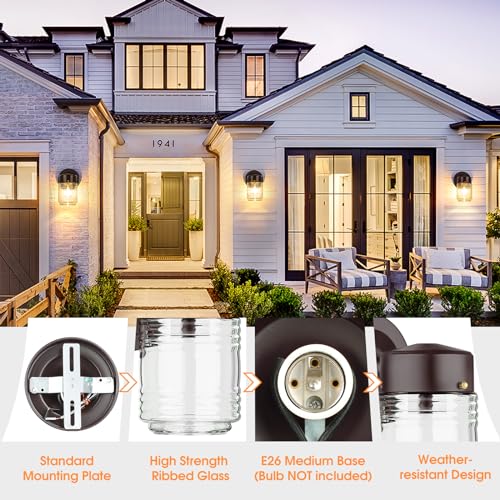 Jelly Jar Outdoor Wall Lantern, Black Exterior Waterproof Wall Mount Lighting Fixture, Anti-Rust Front Door Wall Sconce with Clear Ribbed Glass Shade, E26 Socket Wall Lamp for Patio, 2 Pack