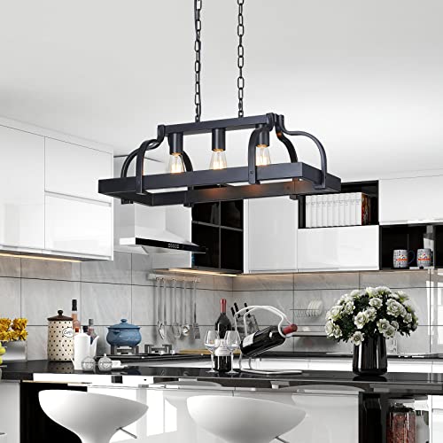 WUZUPS 5-Light Metal Chandelier Imitation Wood Grain Linear Pendant Ceiling Lighting Rustic Farmhouse Fixture Kitchen Island Dining Room, H 8.5" L 31.5" W10, E26 Base, Black & Antique White