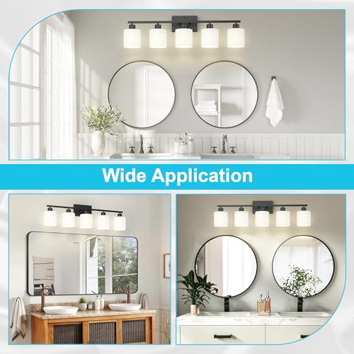 Black Bathroom Light Fixtures Over Mirror, Rustproof Vanity Lights for Bathroom, Modern 3-Light Wall Sconces for Living Room, Milky White Glass Shades, Standard E26 Base, Bulbs Not Included