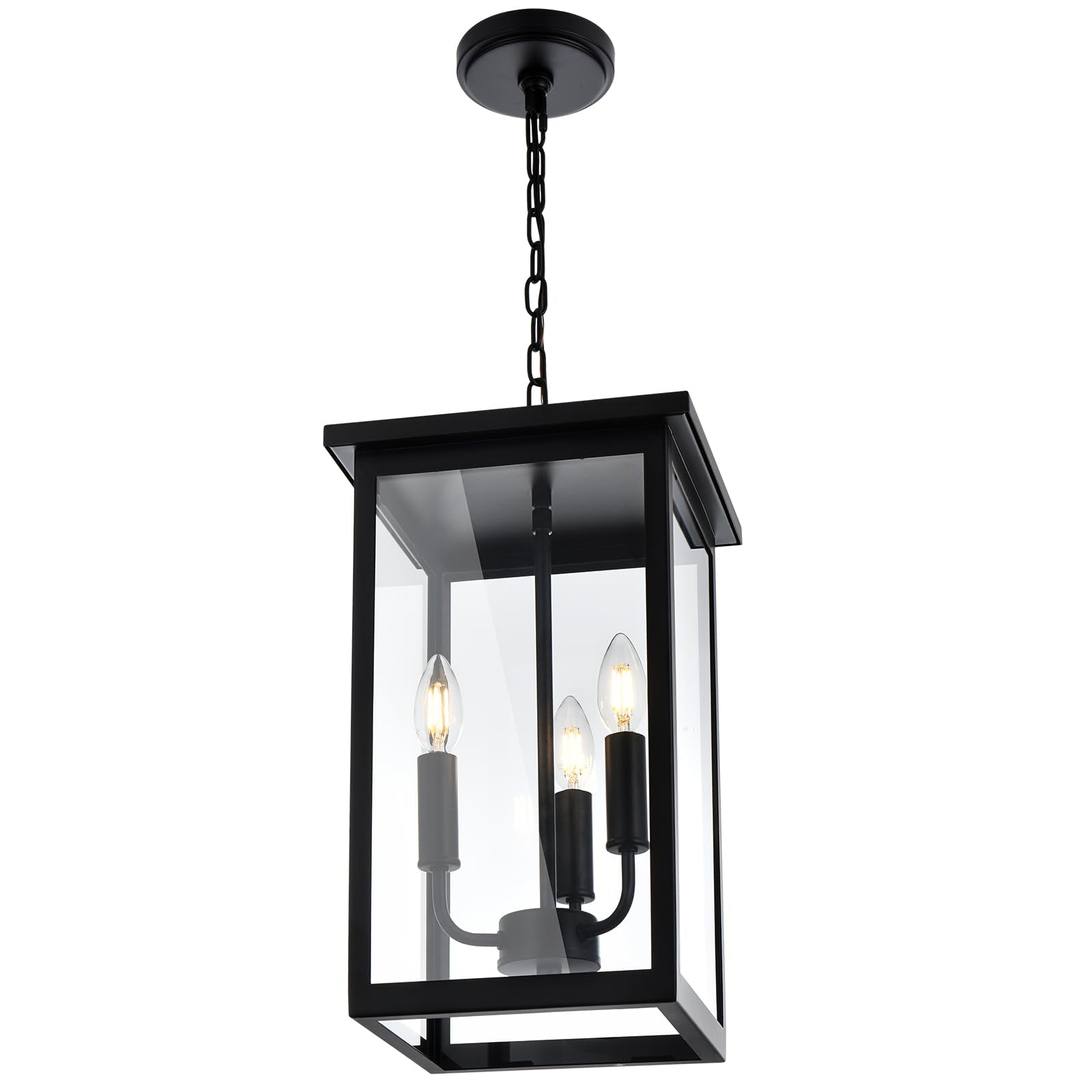 Black Outdoor Pendant Light 4-Light Outside Pendant Hanging Light Fixture Ceiling Mount with Clear Glass Industrial Hanging Cage Chandelier for Porch,Entryway,Doorway,Farmhouse