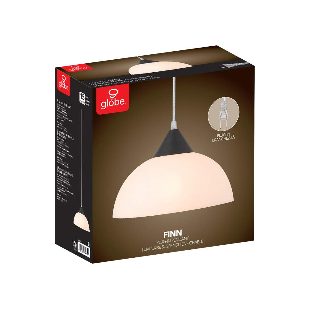 1-Light Plug-in Pendant, Brushed Steel, Frosted White Shade, 15ft Clear Cord, in-Line On/Off Switch, E26 Base Socket, Kitchen Island, Café, Hanging Light, Bulb Not Included