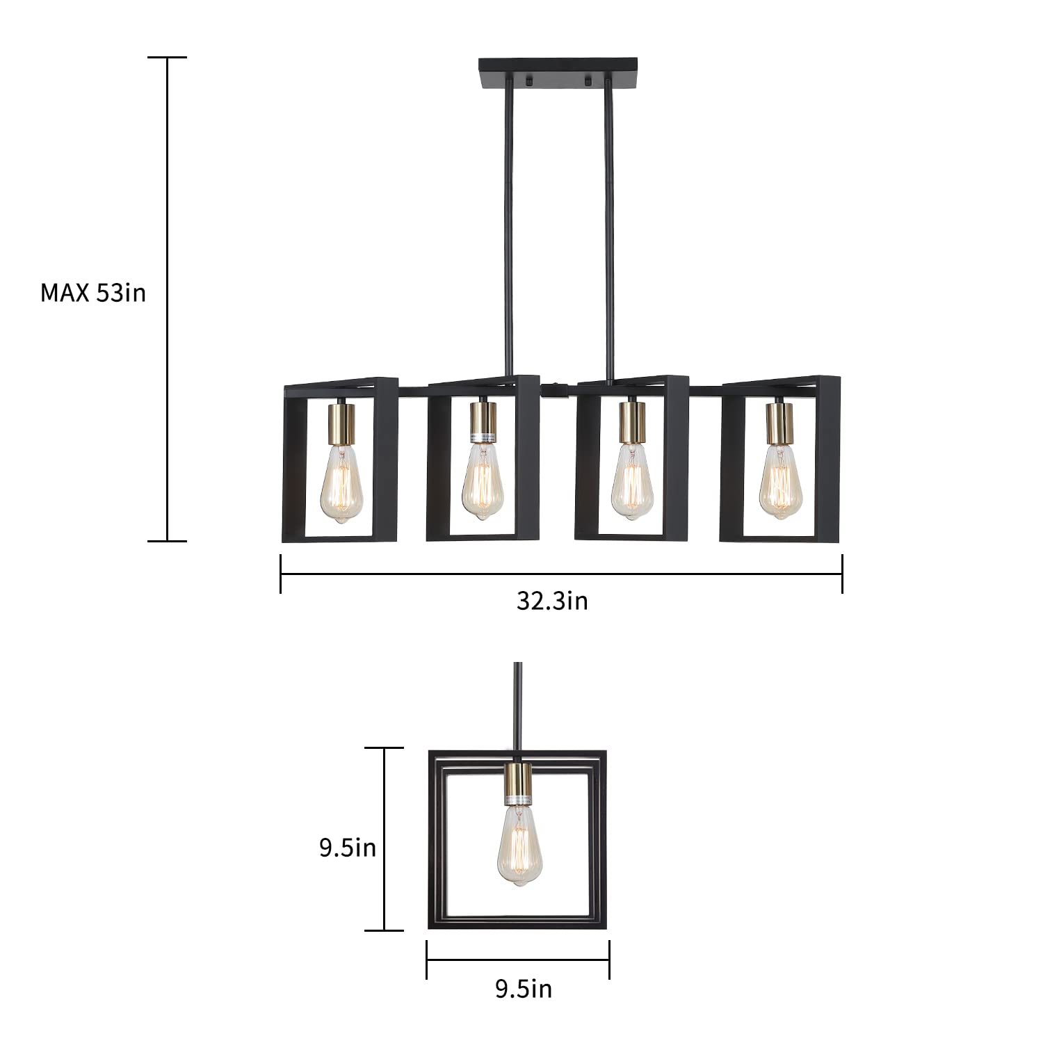 9MMML 3 Lights Kitchen Island Lighting, Modern Rectangle Linear Pendant Light, Black Frame+ Gold Socket Chandelier for Dining &Living Room Foyer Entryway Hallway,E26,Height Adjustable.