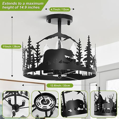 Rustic Semi-Flush Mount Ceiling Light Fixture,3-Light E12 Base Black Round Farmhouse Metal Light Fixtures for Kitchen, Hallway, Living Room, Industrial Style with Deer, Bear, Tree Design -Frame