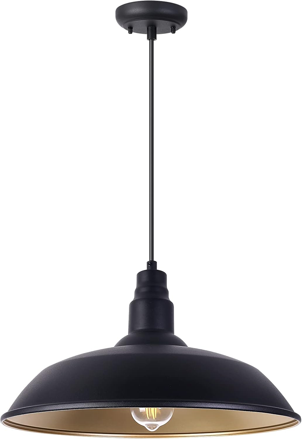 Farmhouse Pendant Light with 16 Inch Dome for Outdoor and Indoor Use, Barn Style Hanging Light for Kitchen Dining Room, Adjustable Height, Matte Black Exterior/Brass Interior