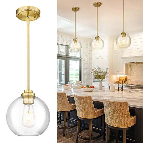 Modern Polished Gold Pendant Light, Mid Century Globe Hanging Light Fixture with Clear Glass for Kitchen Island Dining Room Bedroom Hallway Foyer (2 Pack), PL101BG-2PK