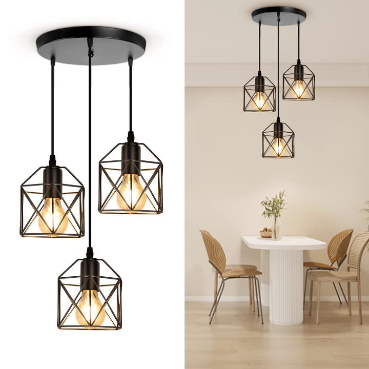 3-Light Pendant Light Fixtures, Farmhouse Kitchen Island Light Fixture, Industrial Hanging Pendant Lighting for Dining Room Bedroom, Black Metal Cage Pendant, E26 Base, Bulbs Not Included