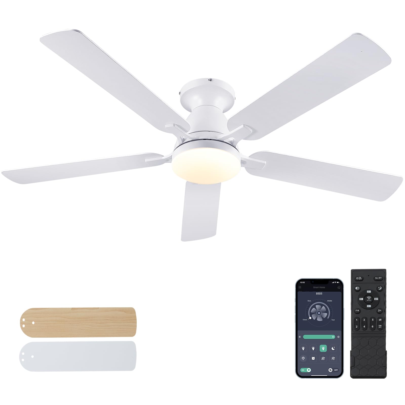 Ceiling Fans with Lights- 46"Low Profile Indoor Ceiling Fan with Light and Remote/APP Control, Flush Mount, LED Dimmable DC Reversible Modern Ceiling Fan for Bedroom（Black）