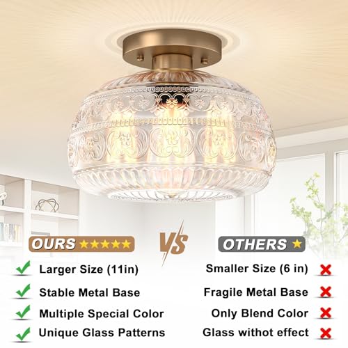 Semi Flush Mount Ceiling Light, Upgraded Modern Close to Ceiling Light Fixture with Clear Glass,Gold Indoor Kitchen Lighting for Porch Corridor Hallway Bedroom, Bulb Not Included