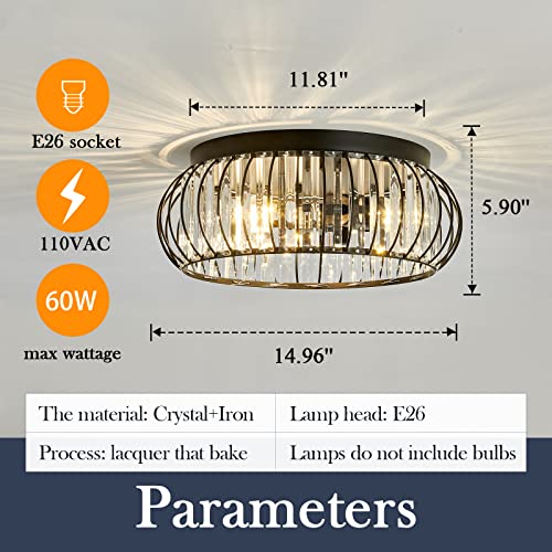 Semi Flush Mount Ceiling Light Fixture Antique Small Crystal Chandelier Indoor Lighting for Bathroom Hallway Cafe Bar Porch Hall（Black）