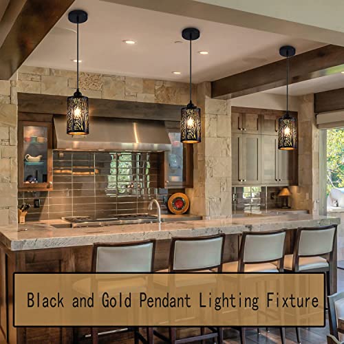 Industrial Black Pendant Light Fixture Vintage Mini Black Pendant Lighting with Gold Finish Rustic Hollow-Carved Small Pendant Light for Kitchen Island, Dining Room, Bedroom