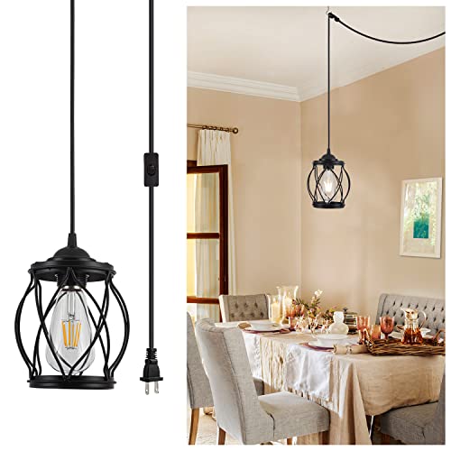 Industrial Black Pendant Light Fixture with Glass Retro Farmhouse Mini Glass Pendant Lighting with Cage Vintage Caged Glass Pendant Light for Kitchen Island, Dining Room, Bedroom, 1-Pack