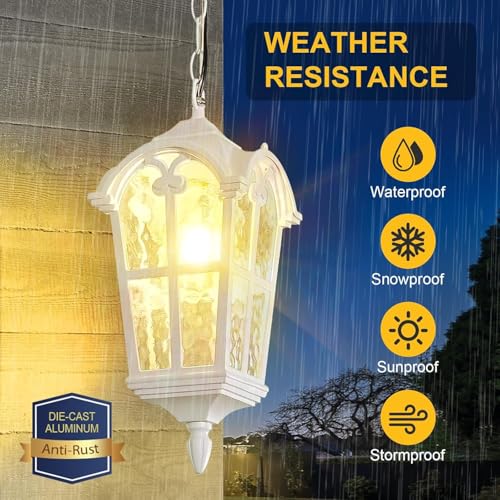 Gold Outdoor Pendant Light fixtures for Patio Foyer Entryway, Anti-Rust Waterproof Exterior Hanging Porch Light with Crack Glass Adjustable Chain Aluminum Outside Ceiling Lights(1 Pack)