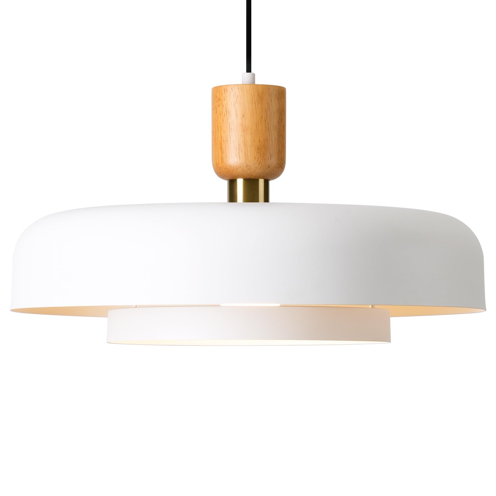 Modern Large Pendant Light 19.68 inch, 2 Tiers Matte White Shade, Natural Wood and Brass Accent, Mid Century Chandelier for Kitchen Island, Dining Room, Living Room