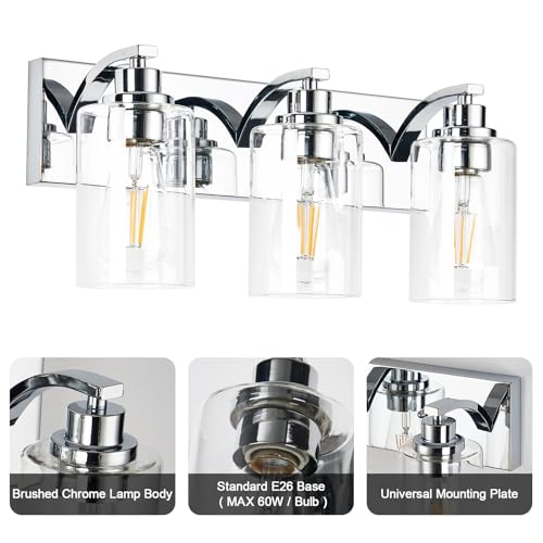 2-Light Bathroom Light Fixtures Modern Chrome Vanity Lights for Bathroom Lighting fixtures Over Mirror with Clear Glass Shade for Cabinet Mirror Bedroom Hallway