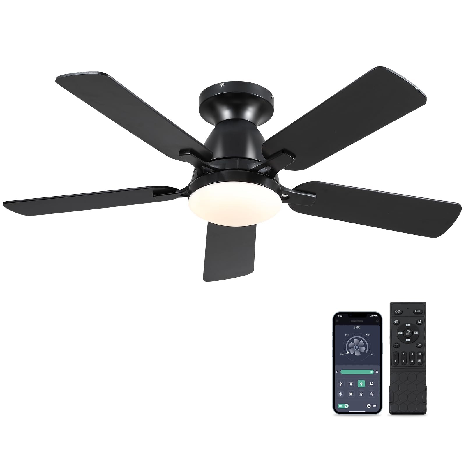 Ceiling Fans with Lights- 46"Low Profile Indoor Ceiling Fan with Light and Remote/APP Control, Flush Mount, LED Dimmable DC Reversible Modern Ceiling Fan for Bedroom（Black）