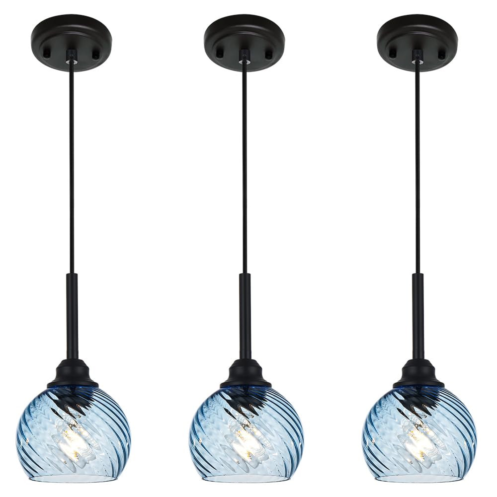 3 Light Island Lights for Kitchen with Striped Swirl Globe Glass, Black Linear Hanging Pendant Light Fixture Farmhouse Chandelier for Dining Room Bar Living Room