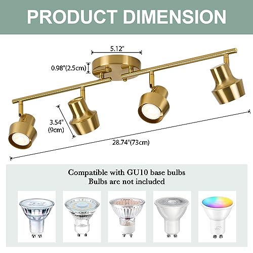 4-Light LED Track Lighting,350 Rotable Track Heads, Foldable Spot Light Fixtures for Kitchen, Picture,Dining Room, Living Room,Gold