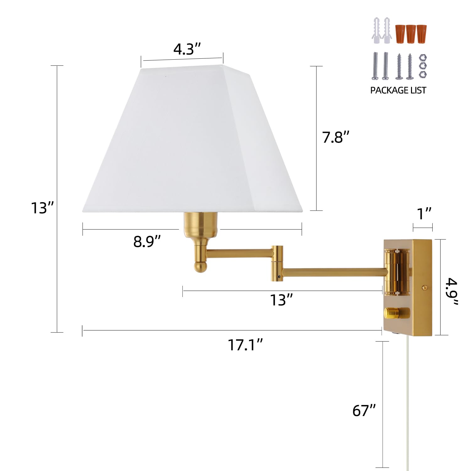 Plug in Wall Light,Swing Arm Wall Sconces with USB Port and Outlet,Wall Lamp with White Fabric Shade Dimmable Switch for Bedroom, Living Room , Office Nickel