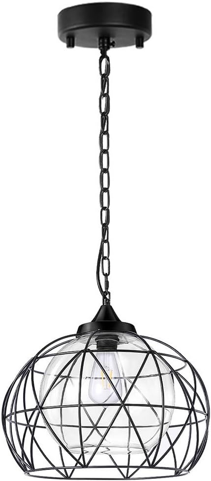 1-Light Hanging Lights,14.5 Inch Outdoor Chandelier Black Cage Pendant Lighting with Glass Shades, Porch Gazebo Barn Light Fixture Perfect for Dining Room, Bar, Aisle, Hallway, Entryway, Foyer