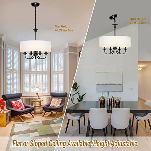 Traditional 5-Light Chandelier Modern White Drum Chandeliers with Linen Shade for Dining Room Living Room Foyer, 20" Dia