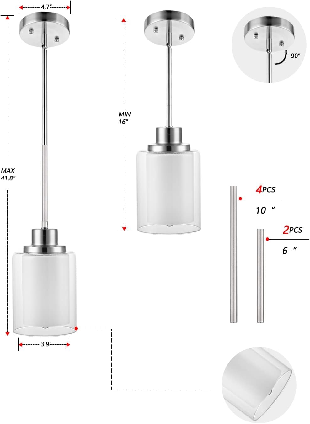 1-Light Mini Pendant Light Fixtures, 2-Pack Modern Hanging Ceiling Light, Adjustable Height, Brushed Nickel Pendant Lighting with Dual Glass for Kitchen Island Bedroom Hallway