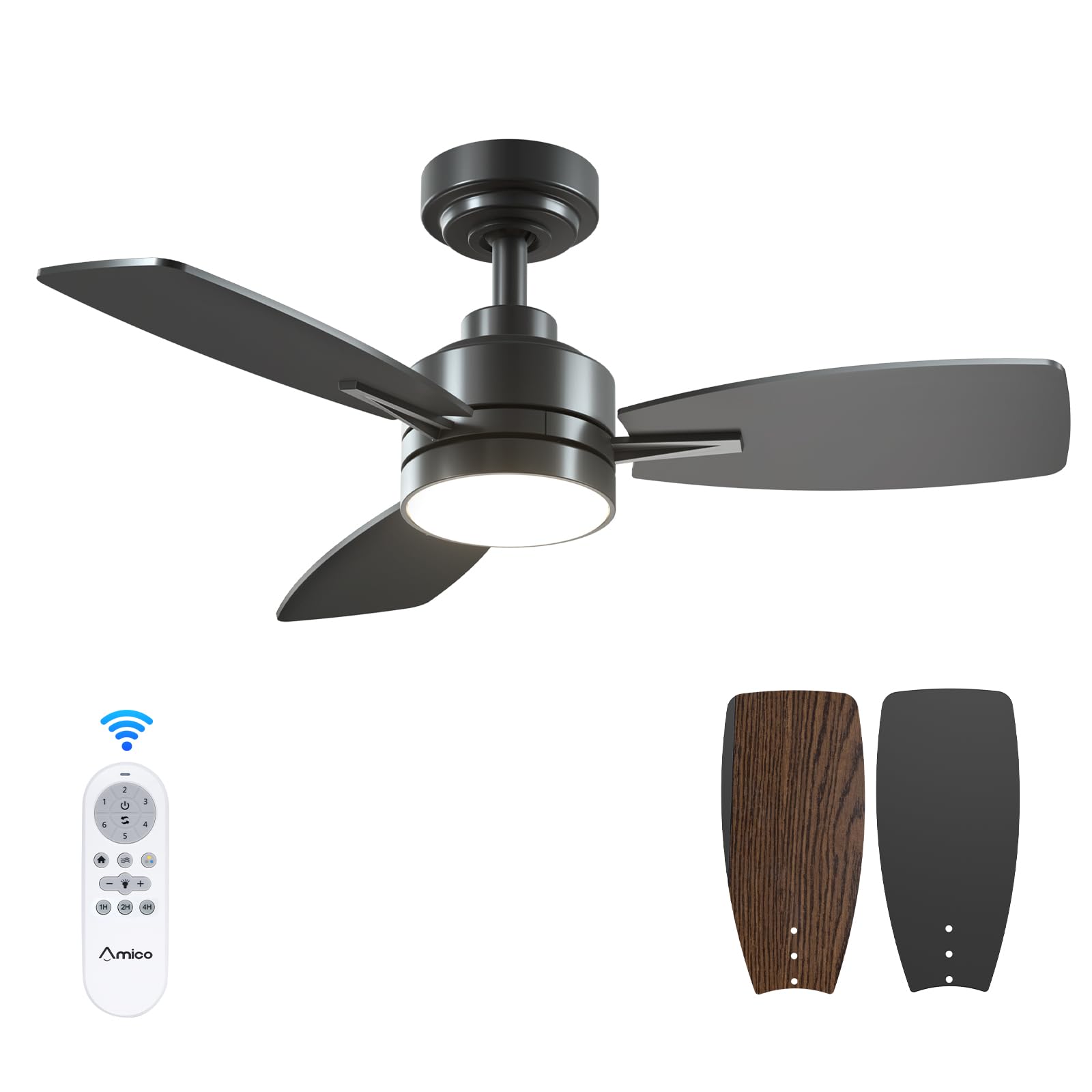 Ceiling Fans with Lights, 44 inch Ceiling Fan with Light and Remote Control, Reversible, 3CCT, Dimmable, Noiseless, Small Black Ceiling Fan for Bedroom, Indoor/Outdoor Use