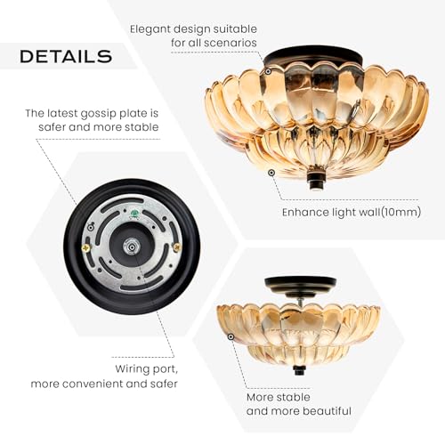 Ceiling Lights Semi Flush Mount Ceiling Light, Brown Glass Chandeliers, Black Base Modern Lighting, Light Fixture Suitable for Living Room Kitchen Bedroom Hallway... Bulb Not Included