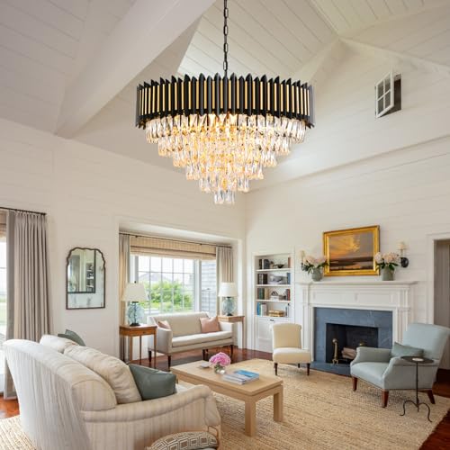 Modern Crystal Chandeliers 3 Tiers Black and Gold Chandelier Pendant Light Fixtures Round Flush Mount Chandeliers Ceiling Lighting for Living Room Dining Room Foyer Bedroom Entryway Kitchen W16in