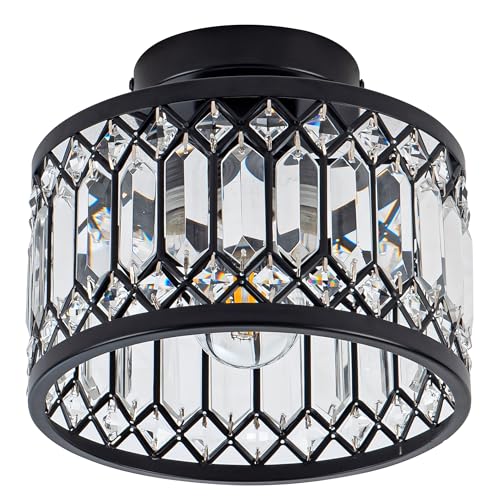 Crystal Ceiling Light Fixture, Modern Semi Flush Mount Ceiling Light,Crystal Chandelier for Kitchen Bedroom Bathroom Entryway Black (Bulb Included)