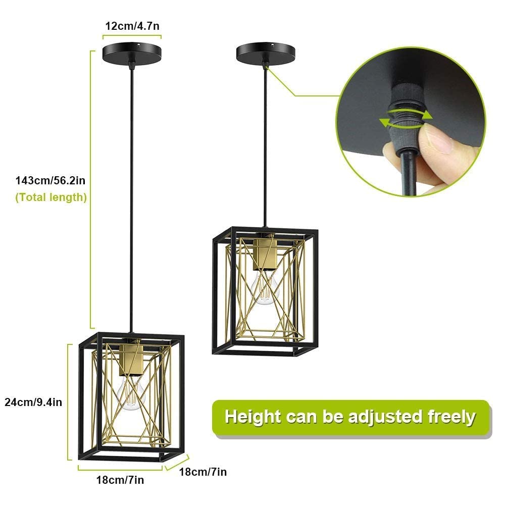 1 Light Black Lantern Pendant Light Fixture, Rustic Hallway Chandelier Lighting with Adjustable Cord, Rectangle Metal Cage Hanging Lights for Foyer/Kitchen Island/Bar/Entryway, 1XE26 Base