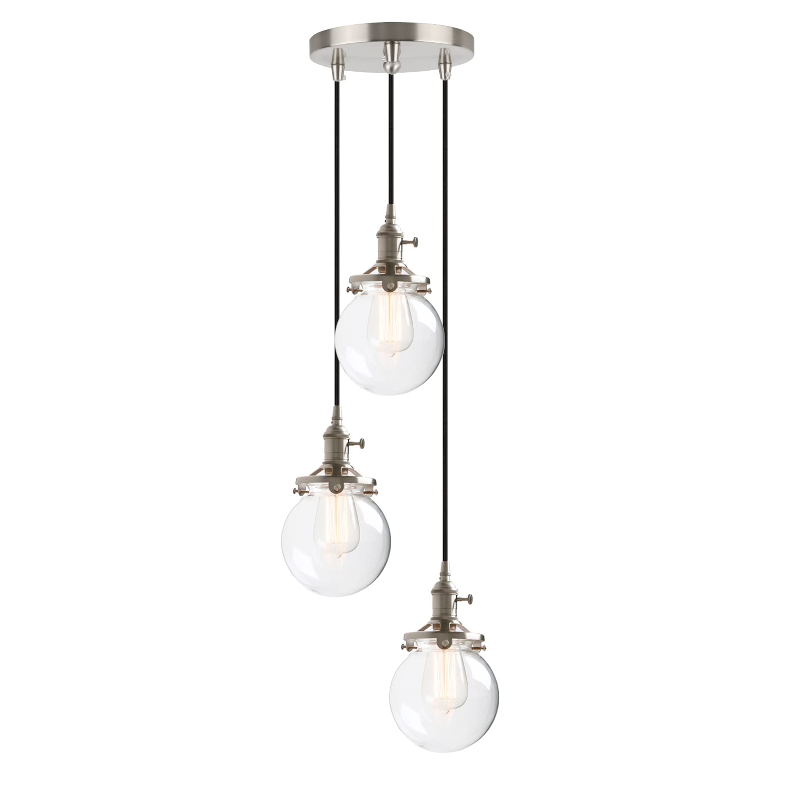 3-Light Cluster Pendant Light, Antique Brass Chandelier with 5.9" Globe Glass Shade, Foyer Chandeliers Entryway High Ceiling Staircase Lights (Antique)