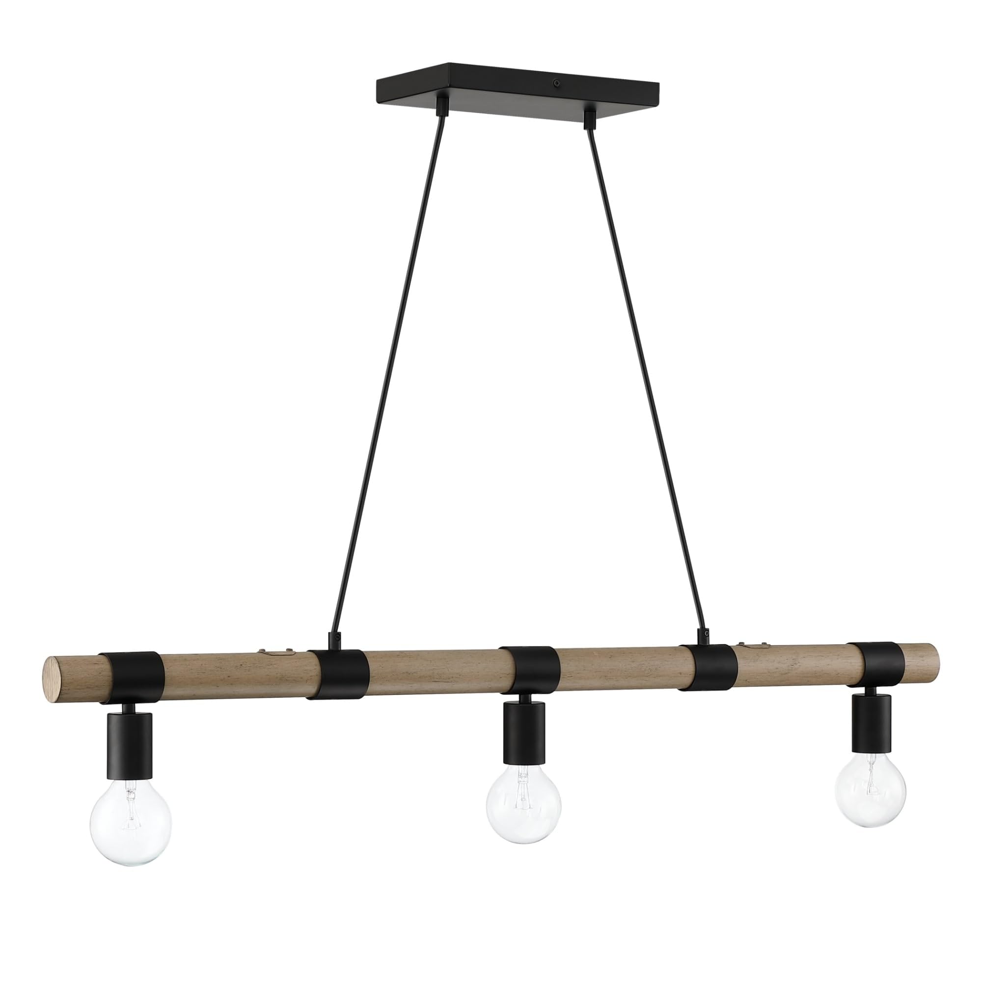 Nathan James Henry Linear Farmhouse Chandelier, Pendant 3-Light Rustic Island Lighting, Ceiling Light Fixture in Brushed Wood and Black Metal for Kitchen and Dining Room, Oak/Black