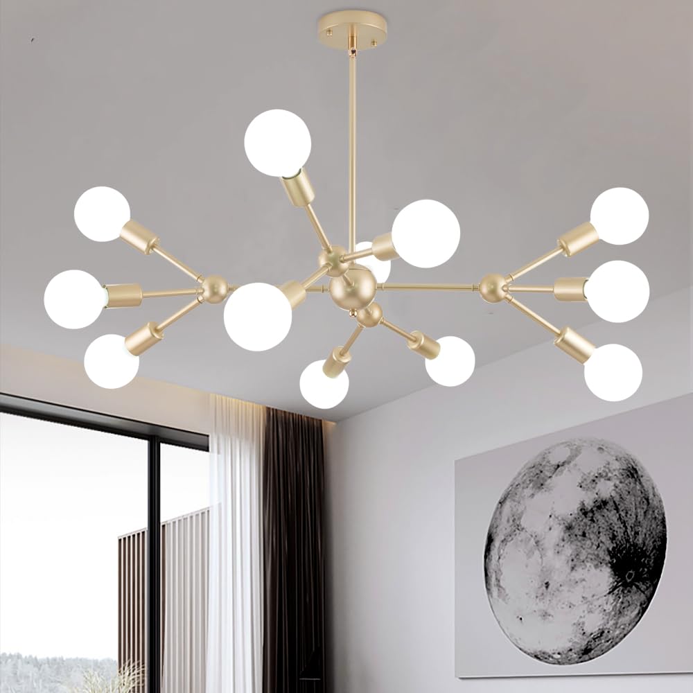 Modern Mid Centur 6 Light Semi Flush Mount Ceiling Lighting Fixture for Living Room Bedroom Dining Room Hallway Kitchen Office,Minimalist Gold and Black Sputnik Chandelier