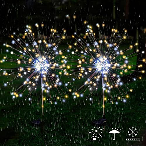 Solar Firework Lights, 2 Pack 120 LEDs 2 Lighting Modes Outdoor Waterproof for Garden Patio Walkway Pathway Party Wedding Christmas Decorative - Cool White