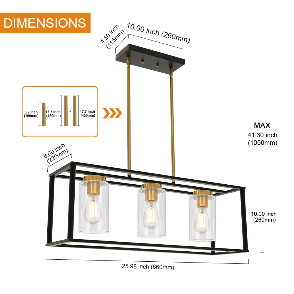 3-Light Industrial Metal Large Pendant Lighting Oil Rubbed Bronze Modern Linear Chandelier with Clear Glass Shades Farmhouse Rustic Ceiling Light Fixtures Hanging for Dining Room Kitchen Island