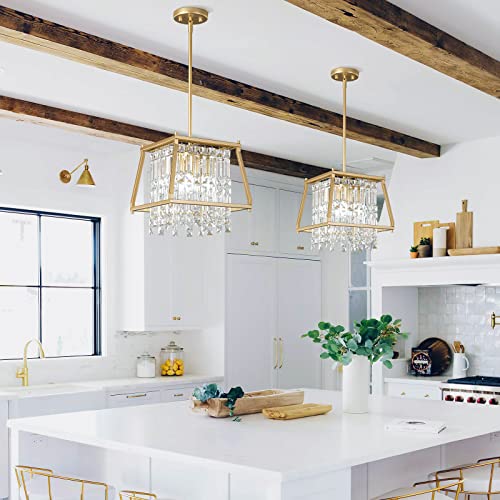 4-Light Dining Room Light Fixture 11.81 inch Square Lndustrial Farmhouse Chandelier Gold Metal Crystal Pendant Light for Kitchen Island Dining Room Living Room Flat and Inclined Ceiling