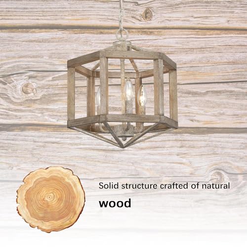 Farmhouse Wood Chandelier, 3 Light Rustic Mid-Century Lantern Wooden Chandeliers Hanging Light Fixture for Dining Room, Living Room, Bedrooms, Living Room, Entryway