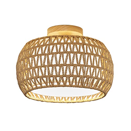 Rattan Ceiling Light Fixtures, Hand-woven Boho Flush Mount Ceiling Light, Handmade Rattan Light Fixtures Ceiling Mount with Fabric Shade, Farmhouse Light Fixture for Bedroom Hallway Entryway (White)