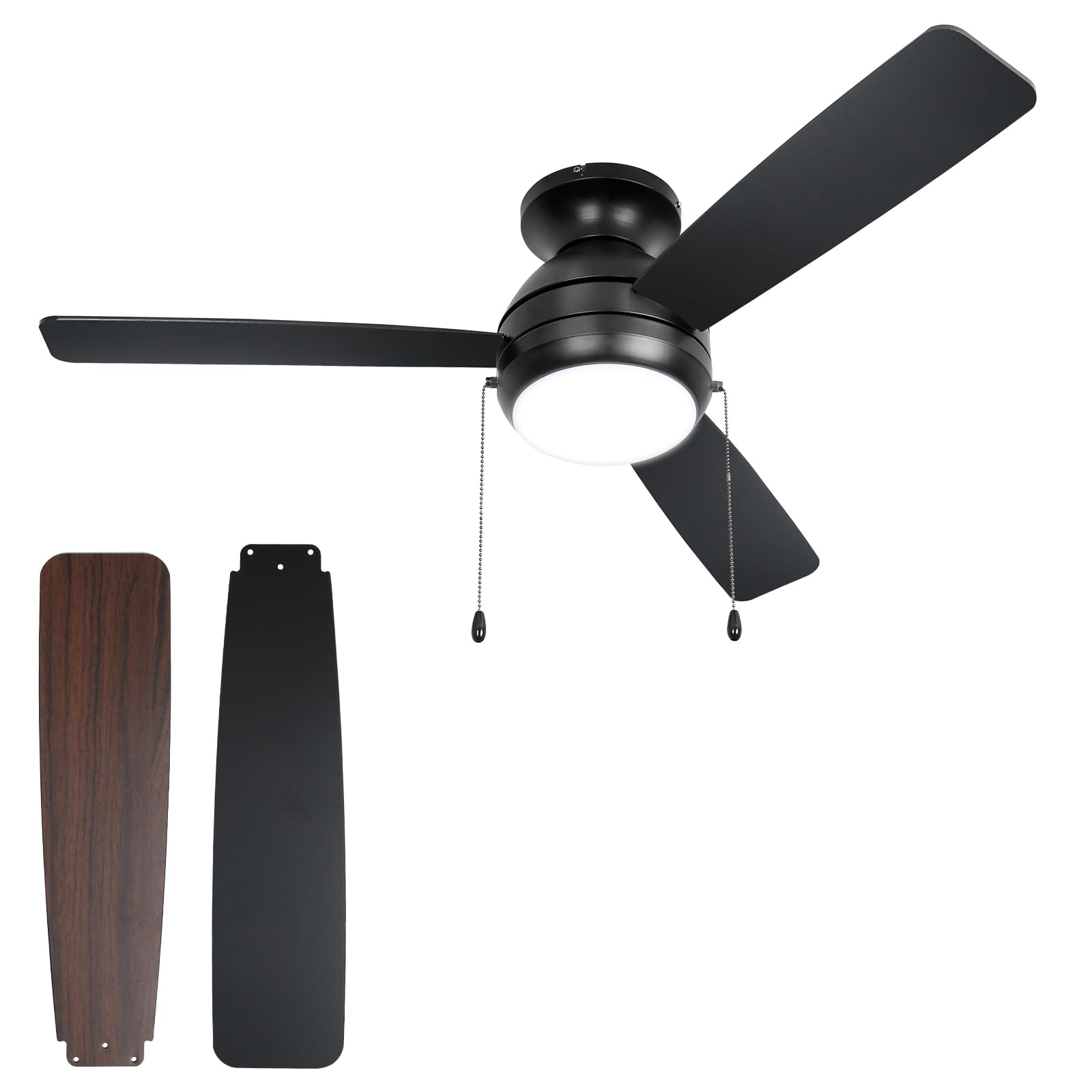 44 inch Flush Mount Ceiling Fan with LED Lights(3000K/4000K/6000K) Pull Chain, Noiseless Reversible Motor, Low Profile Ceiling Fan, 3 Speed, ETL Listed, Black