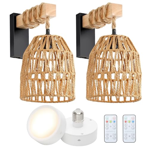 Battery Operated Wall Sconce, Rattan Wall Sconces Battery Operated Set of 2, Boho Battery Wall Sconce with Remote, Wireless Wall Sconce