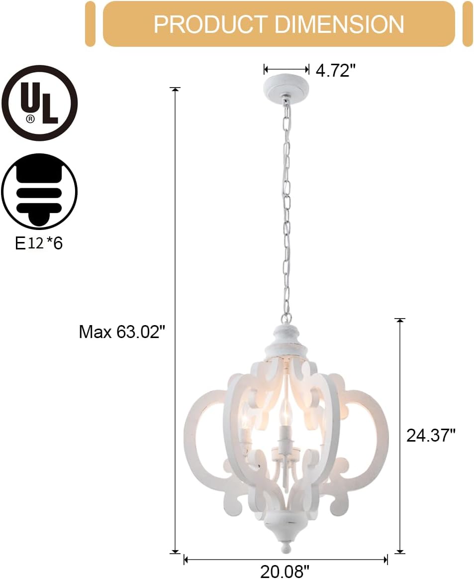 Farmhouse Chandelier 6 Candle Lights Distressed White Cottage Wood Chandelier Light Fixture Vintage Rustic Pendant Light for Dining Room Kitchen Bedroom Hallway Living Room, 21 INCH