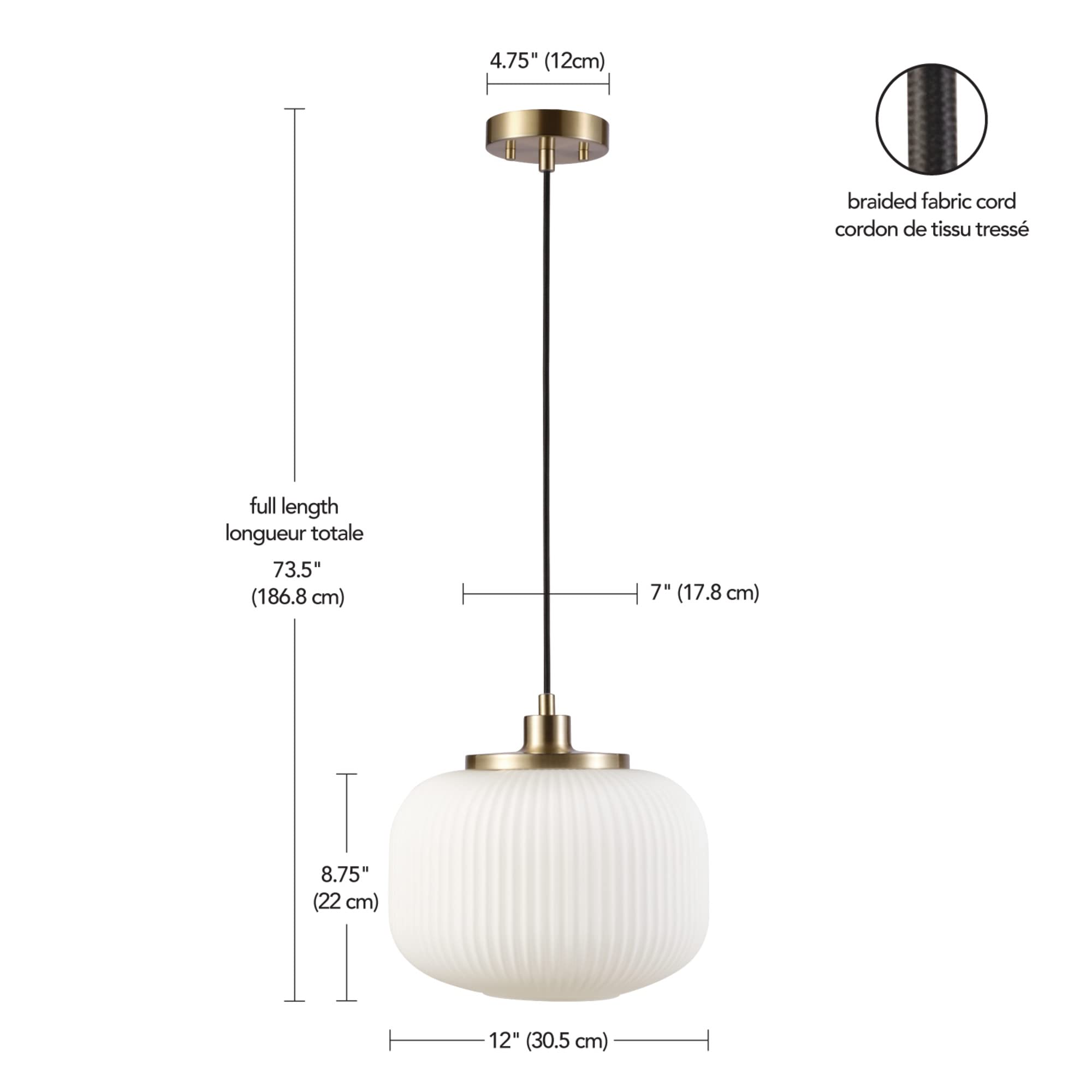 1-Light Pendant Lighting, Matte Brass, Frosted Ribbed Glass Shade, Bulb Not Included