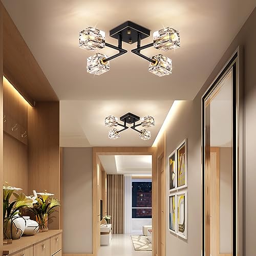 Semi Flush Mount Ceiling Light Fixture Modern 6 Lights Gold Crystal Chandelier,Brushed Nickel Sputnik Chandeliers for Hallway Entryway Bedroom Dining Room Farmhouse Kitchen Office