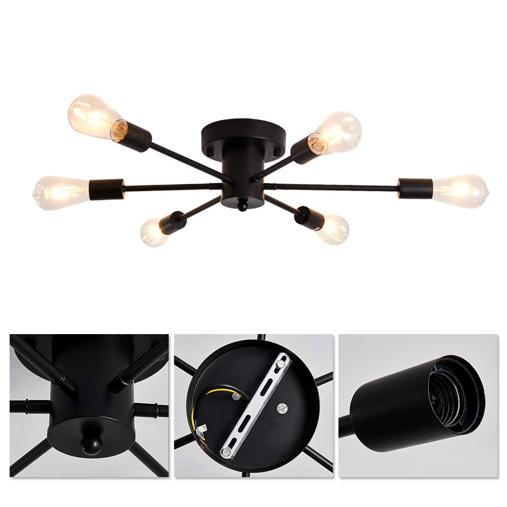 6 Lights Sputnik Semi Flush Mount Ceiling Light Matte Black Modern Edison Chandelier Industrial Close to Ceiling Light for Farmhouse Dining Room Kitchen Bedroom Living Room Study