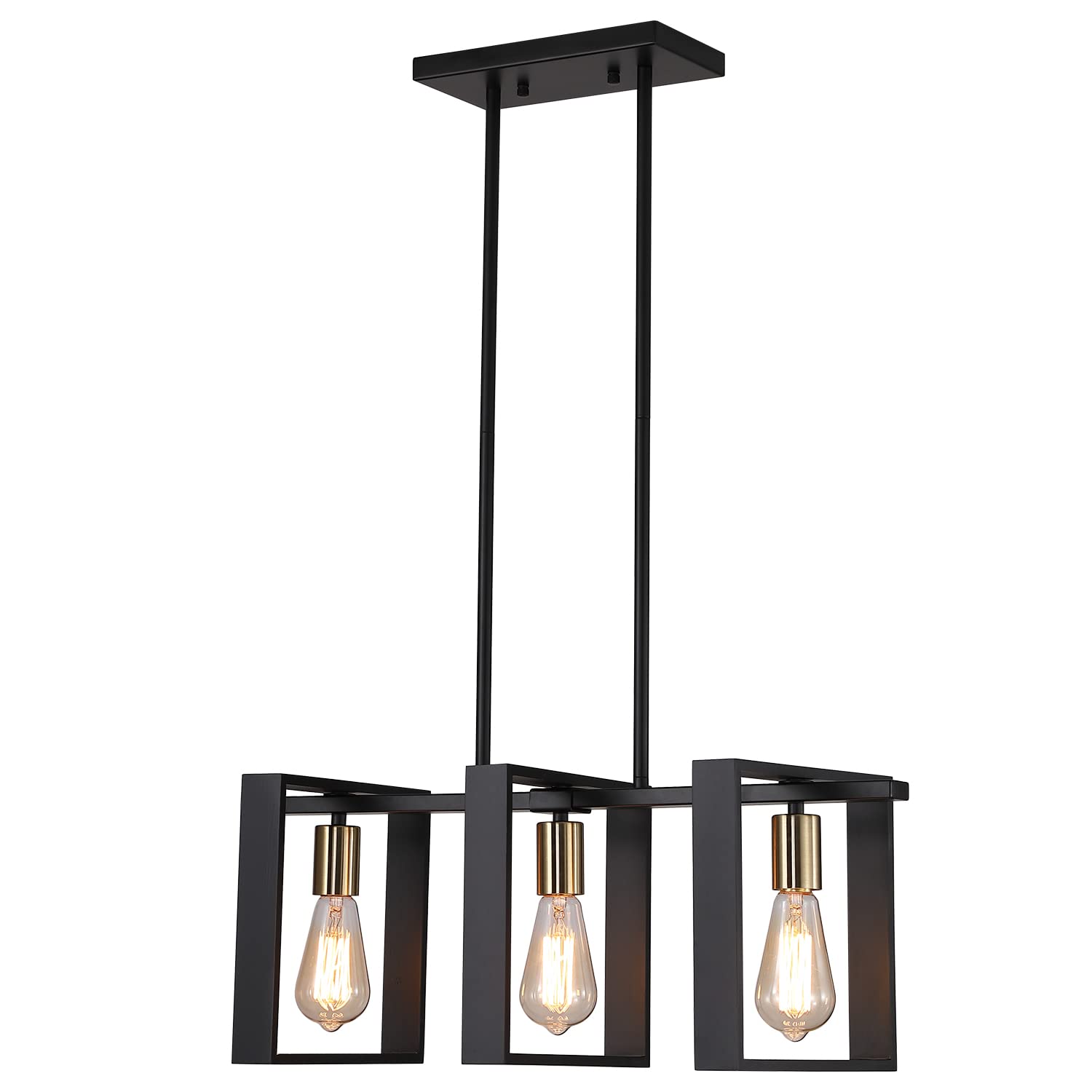 9MMML 3 Lights Kitchen Island Lighting, Modern Rectangle Linear Pendant Light, Black Frame+ Gold Socket Chandelier for Dining &Living Room Foyer Entryway Hallway,E26,Height Adjustable.