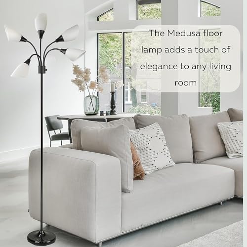 Modern Multi-Head Medusa Floor Lamp - 5 Light Standing Lamp for Bedroom and Living Room with Positionable Acrylic White Shades & 3-Light Mode Switch - Tall Black Floor Lamp for Living Room Decor