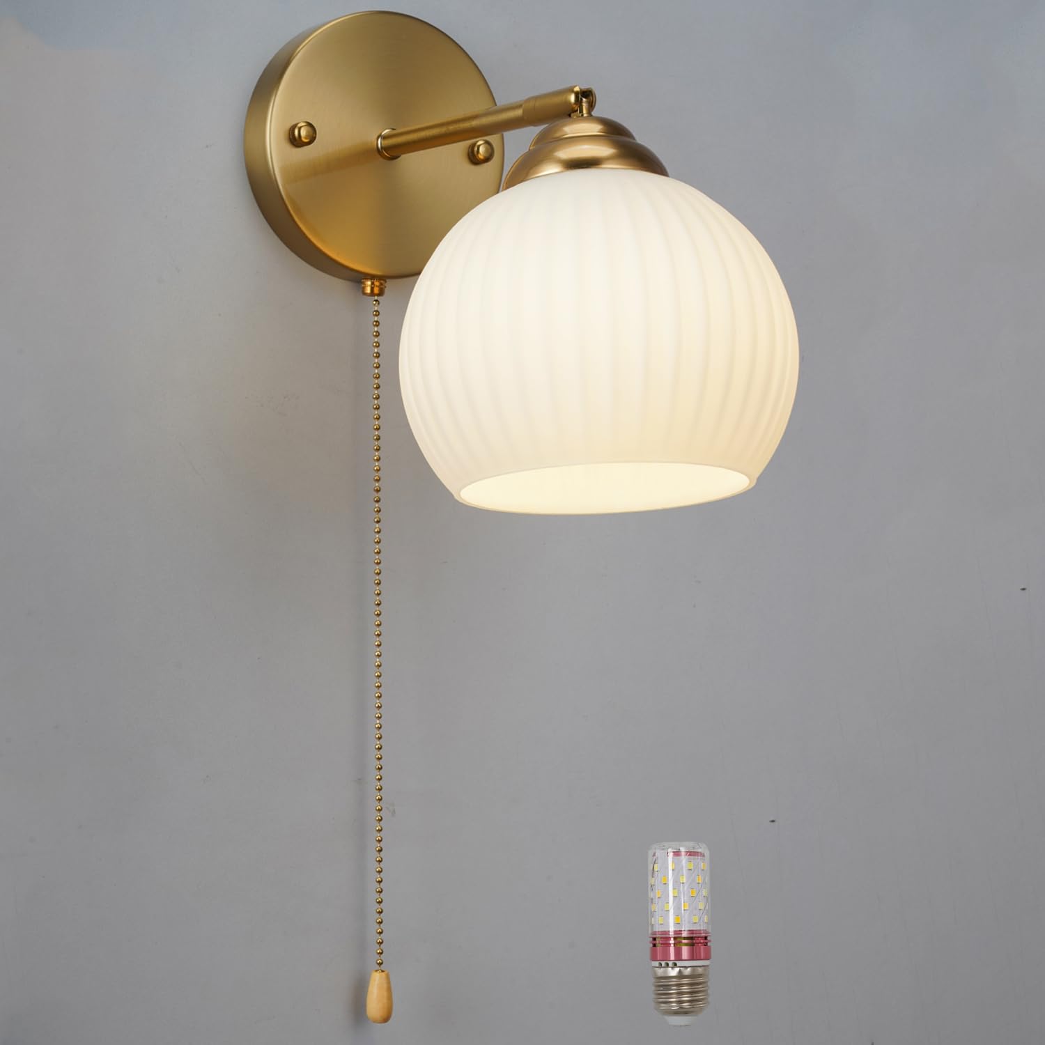 Gold Wall Sconce, mid Century Modern Sconce with Hand Pull Switch Indoor Wall Sconce for Bedroom Bedside Bathroom Kitchen Vanity Hallway Wall Mounted Light Fixture