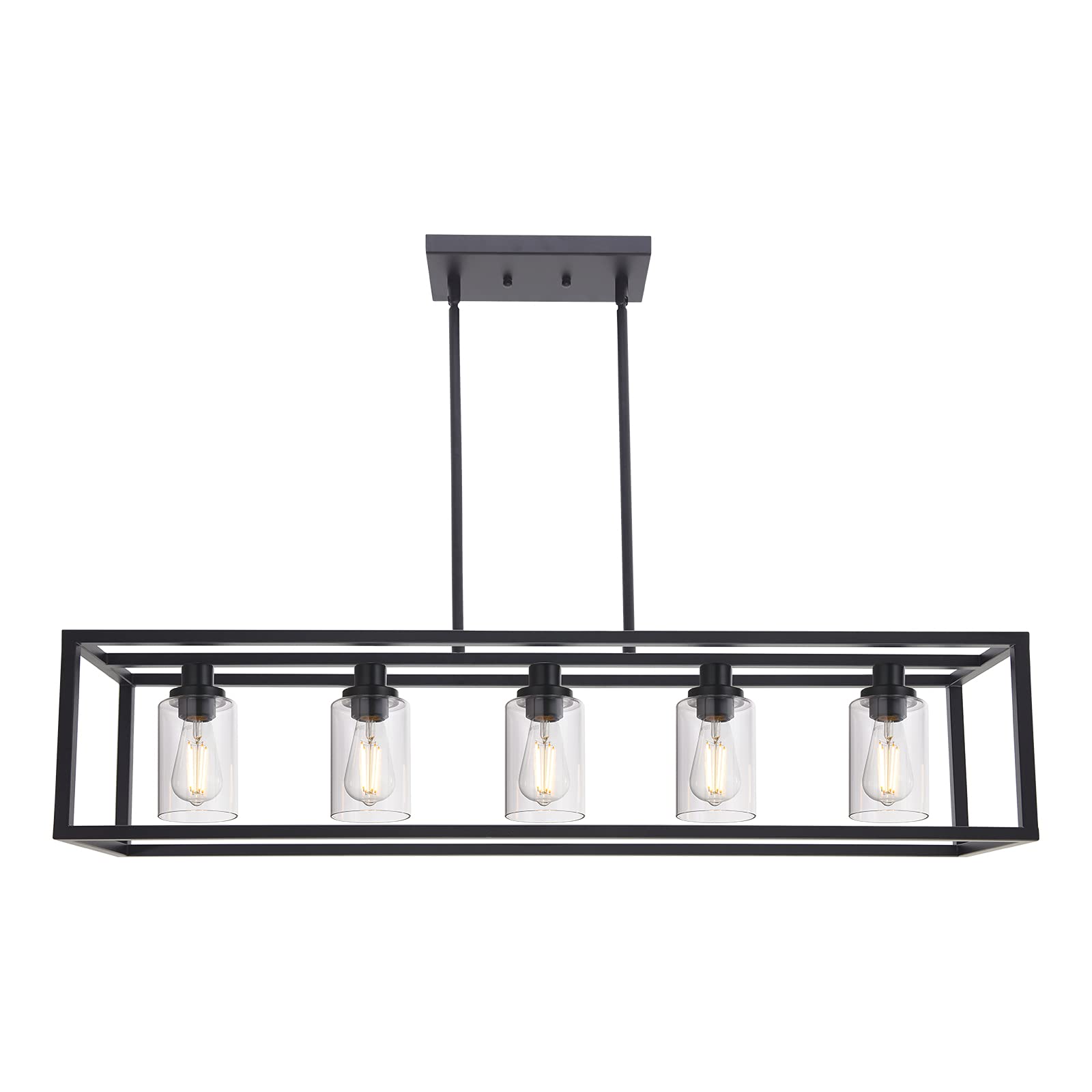 Kitchen Island Lighting 3 Lights Farmhouse Chandelier, Black Pendant Lighting with Clear Glass Shade, Dining Room Lighting Fixtures Hanging Rectangle Chandelier Lighting